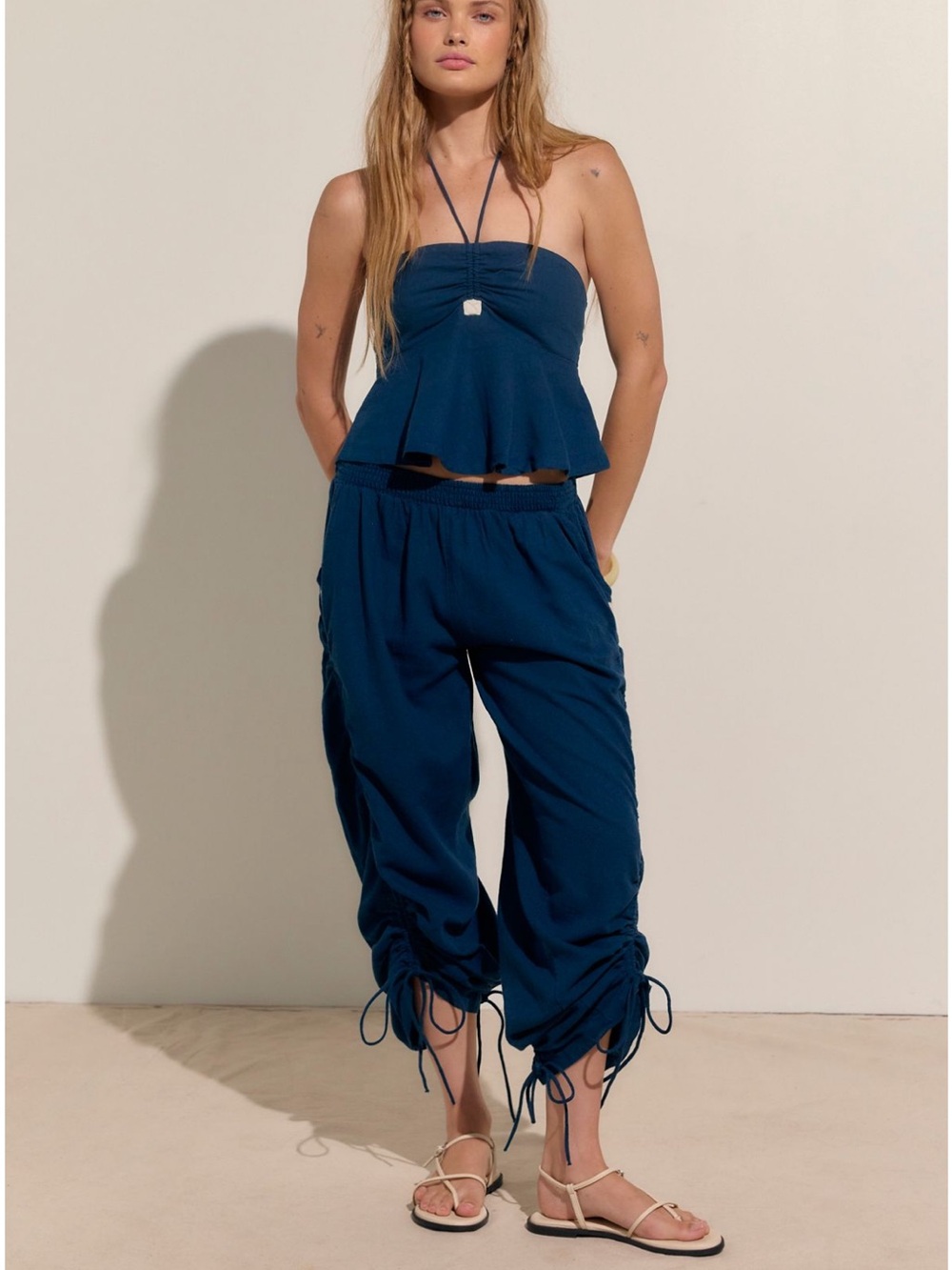 Free People Navy Drawstring Ruched Joggers and Halter Top Set
